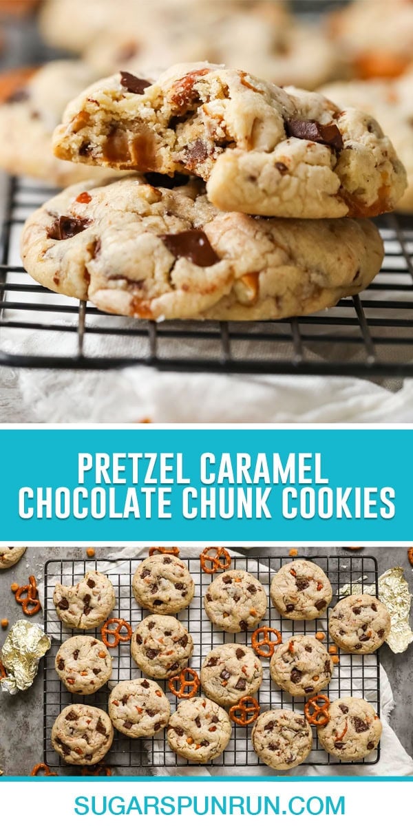 Pretzel caramel chocolate chunk cookies collage, top mage of two cookies stacked on wire rack top cookie with bite taken out, bottom image of cookies cooling on rack cooling photographed from above