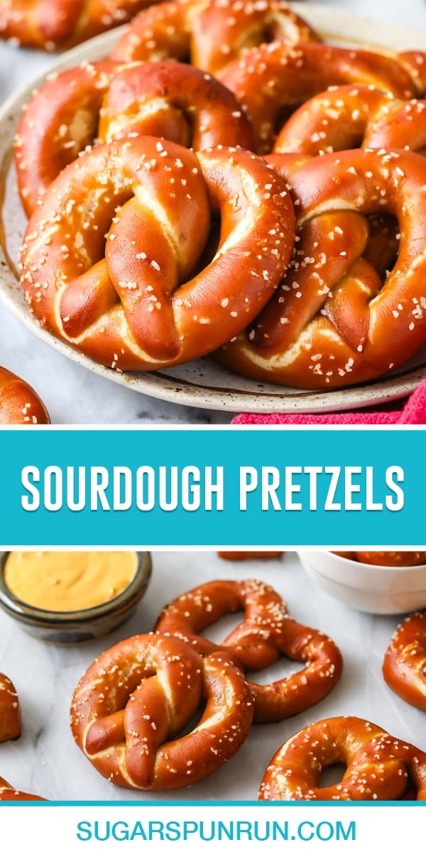 collage of sourdough pretzels, top image of multiple pretzels on white plate close up, bottom image of two on marble slab with mustard