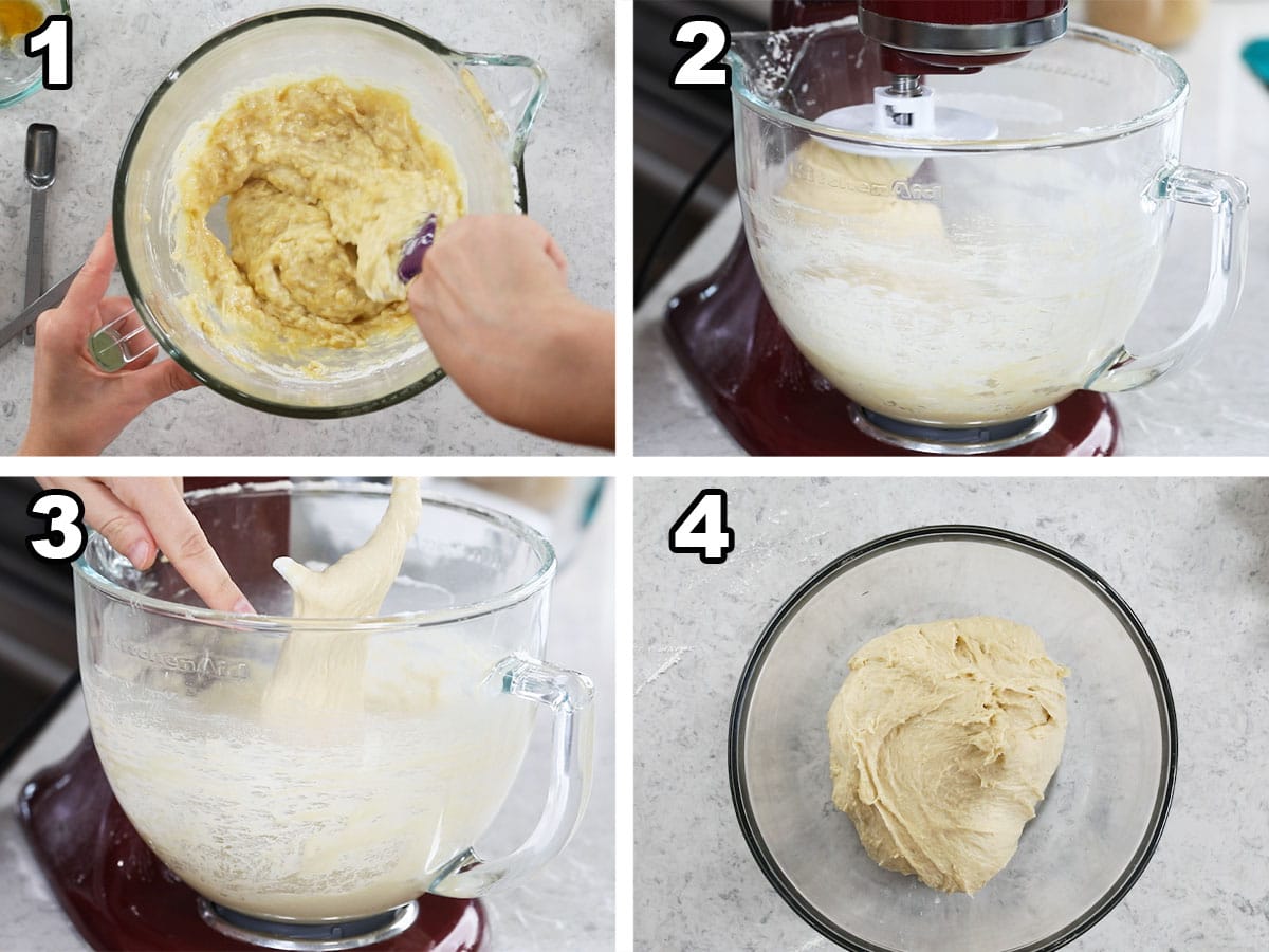 Collage of four photos showing a dough being prepared with sourdough discard.