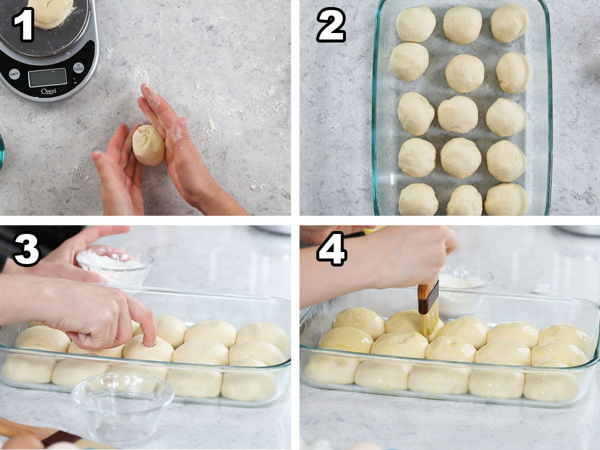 Collage of four photos showing sourdough dough being formed into balls, proofed, and brushed with egg wash.