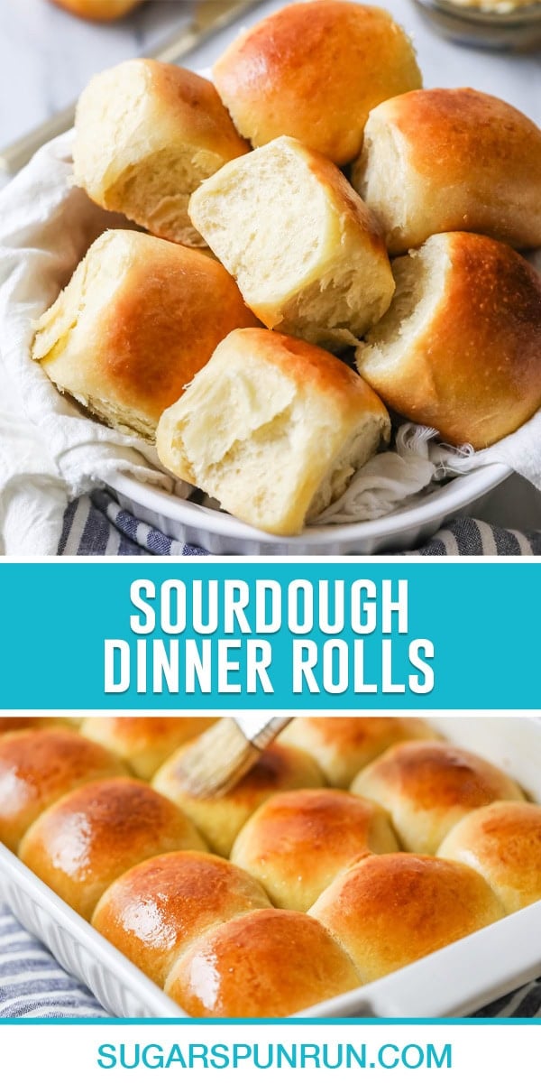 collage of sourdough dinner rolls, top image of multiple rolls in basket, bottom image of butter being applied to warm rolls in baking dish