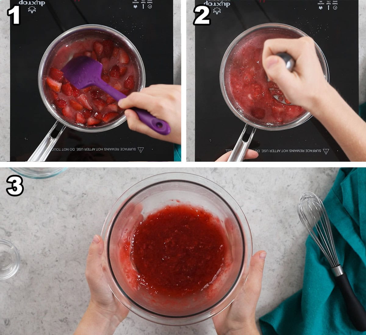 Three photos showing a strawberry filling being prepared and cooled.