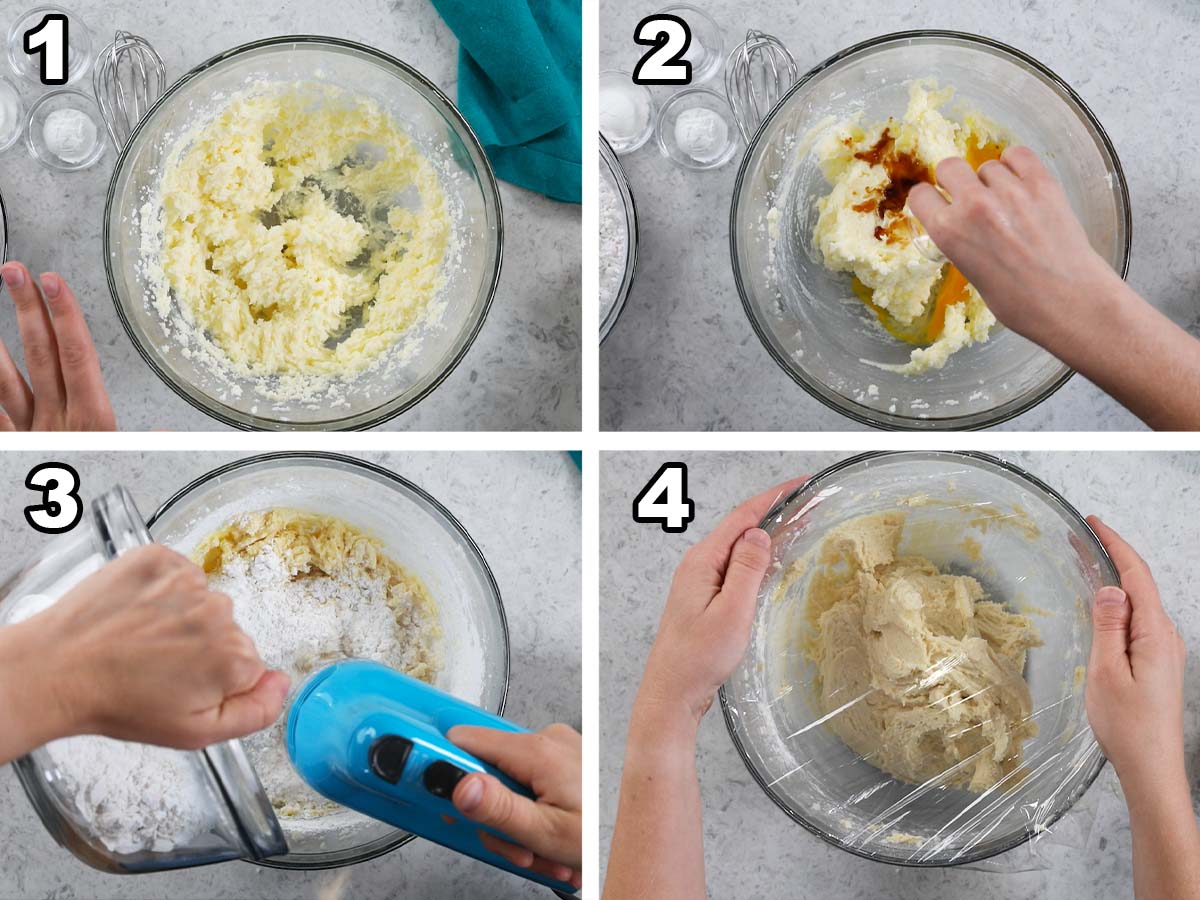 Four photos showing a pop tart cookie dough being prepared.