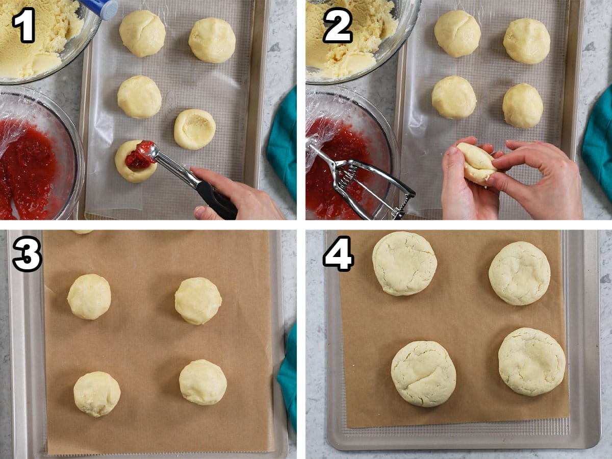 Four photos showing strawberry jam being added to cookies before and after baking.