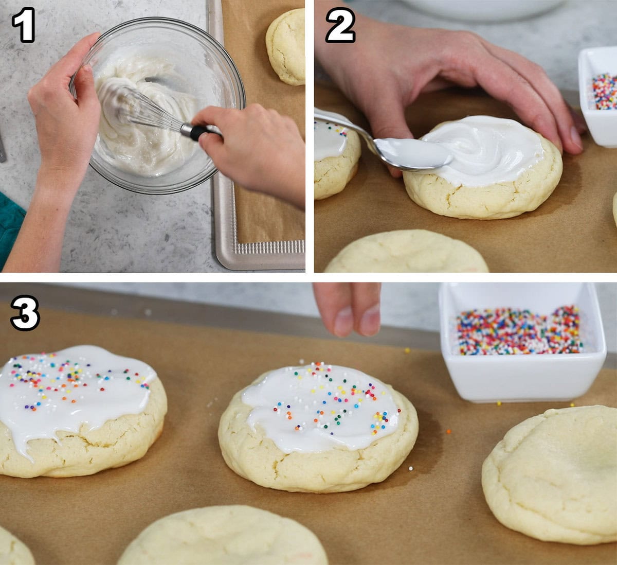 Three photos showing vanilla icing being prepared and spread over cookies.