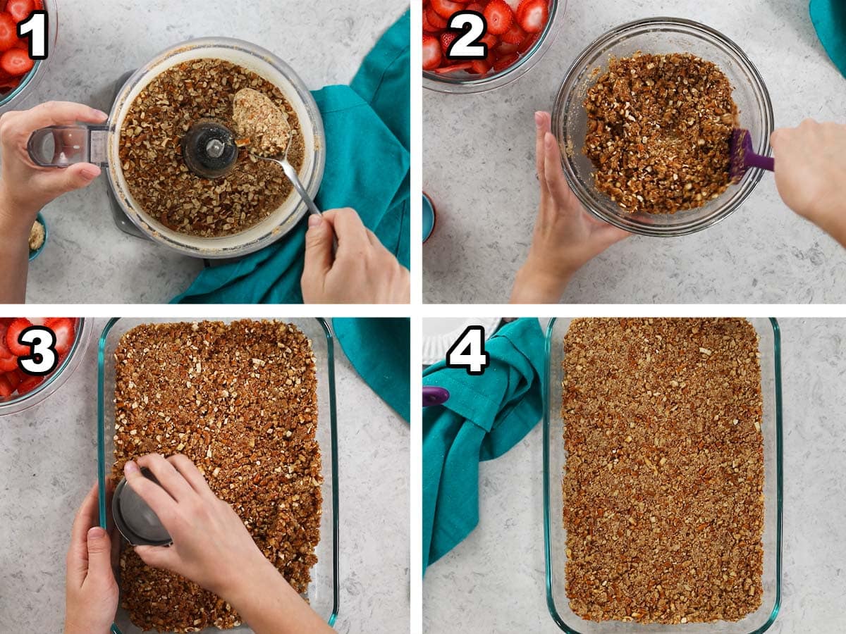 Four photos showing a pretzel crust being prepared.