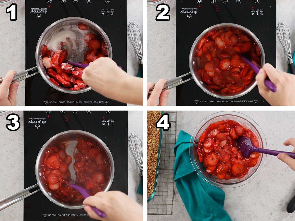 Four photos showing a strawberry topping being prepared on the stovetop.