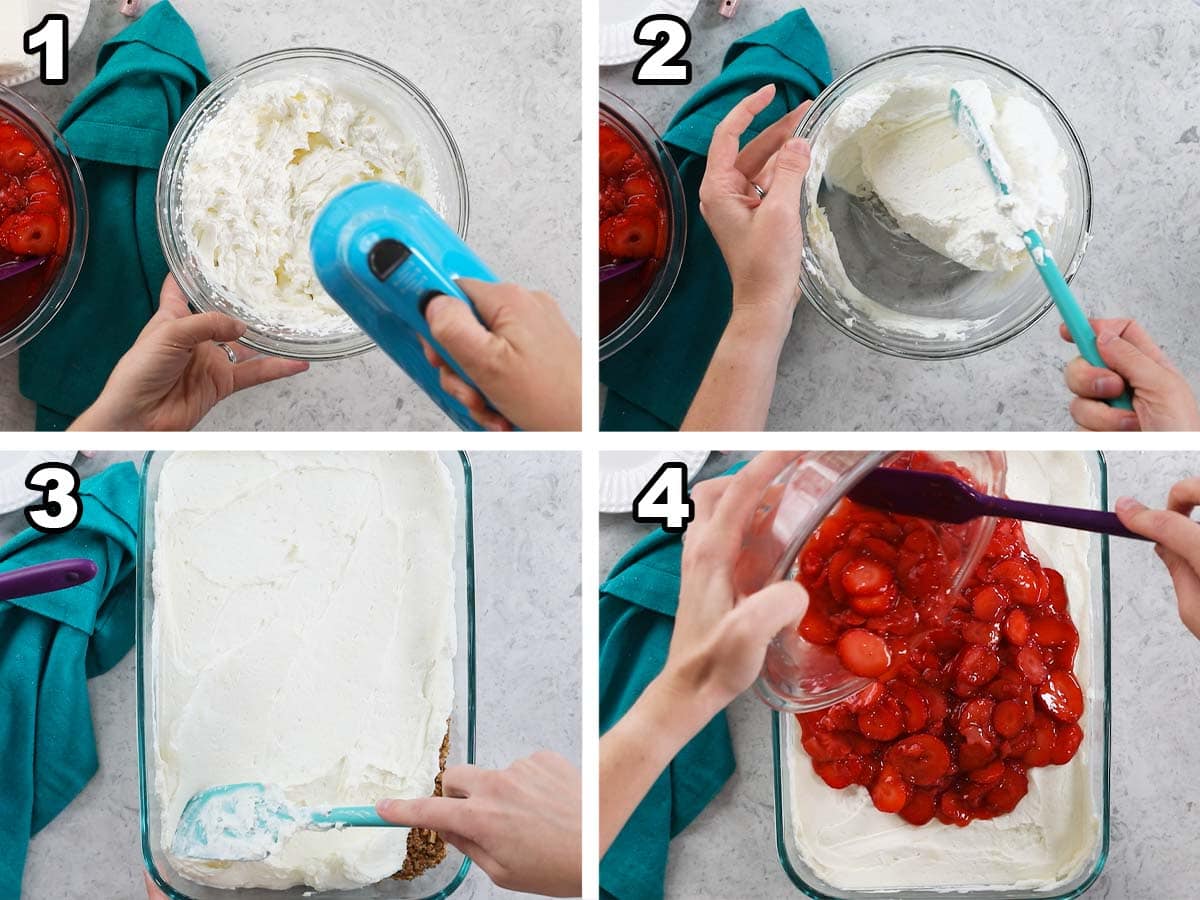 Four photos showing a whipped cream and cream cheese filling being prepared before spreading over a pretzel crust and topping with strawberry topping.