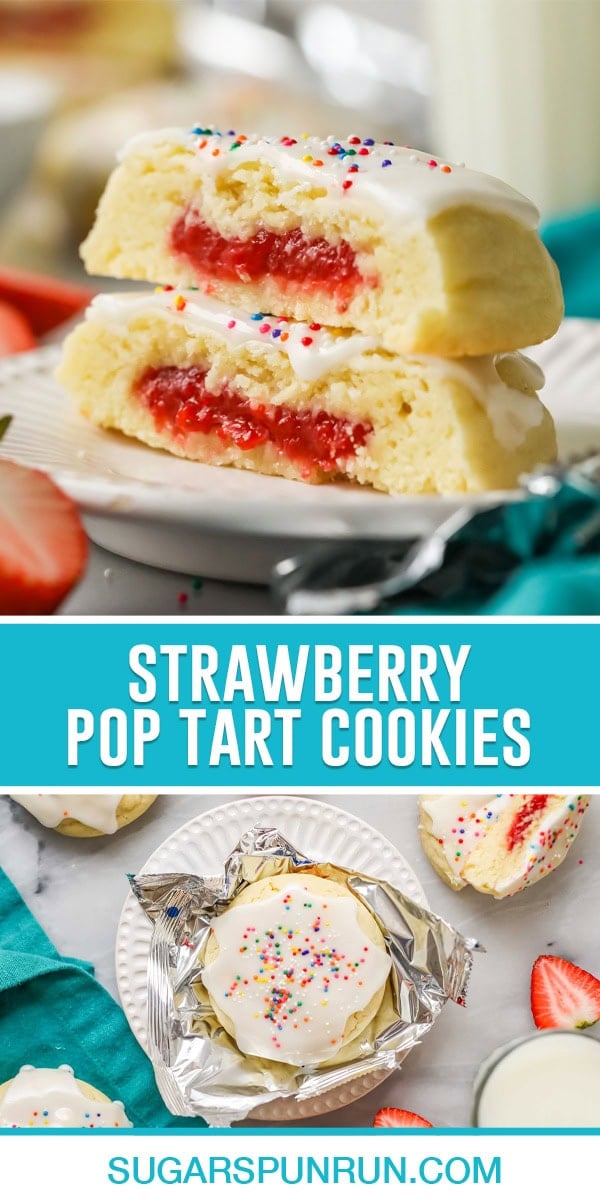 collage of Strawberry Pop Tart Cookies, top image of two cookies stacked showing inside of cookies, bottom image of cookies in foil photographed from above