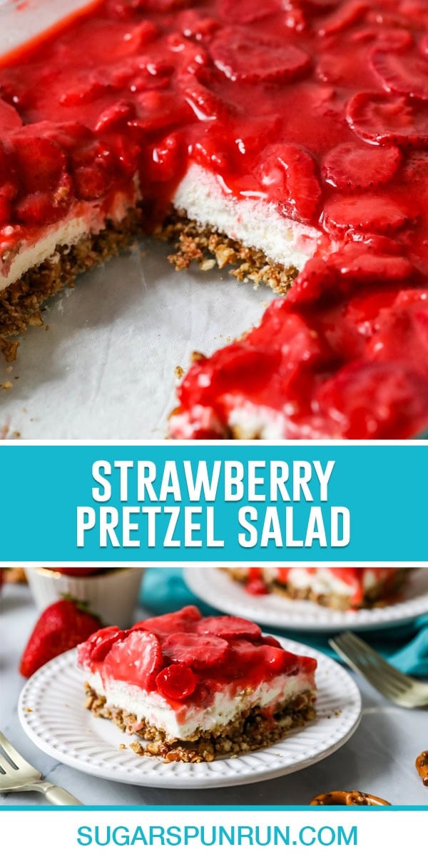 collage of strawberry pretzel salad, top image of full baking dish with piece missing, bottom image of single slice on white plate