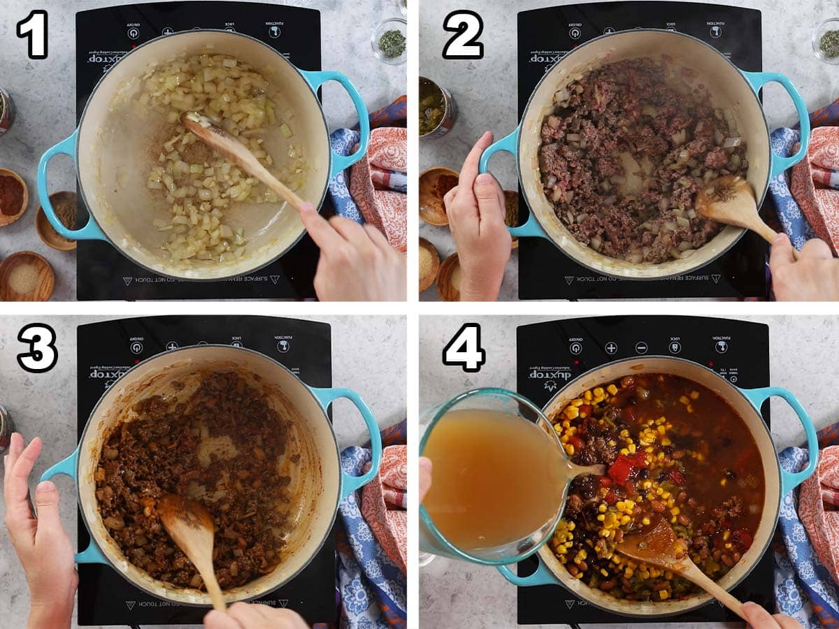 Four photos showing soup being prepared with onions, ground beef taco seasoning, and more.