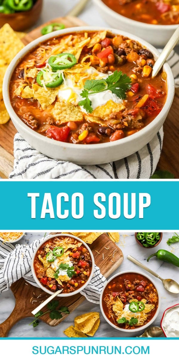 collage of taco soup, top image of single bowl of soup close up, bottom image of two bowls photographed above with soup fixings