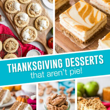 Collage of Thanksgiving Desserts that aren't pie, top images of apple pie cookies, pumpkin cheesecake bars, bottom images of spice cake, candied pecans and apple pie cheesecake