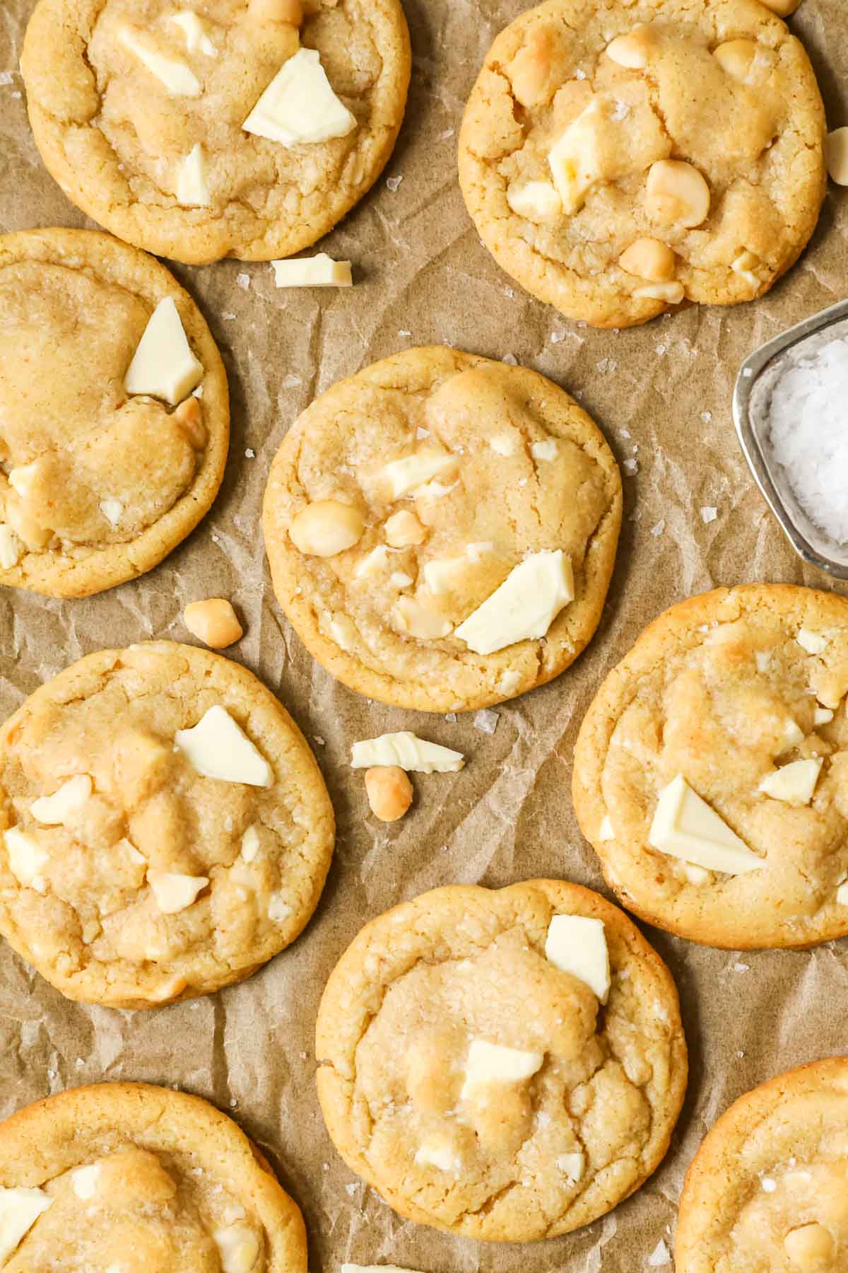 Overhead view of white chocolate macadamia nut cookies.