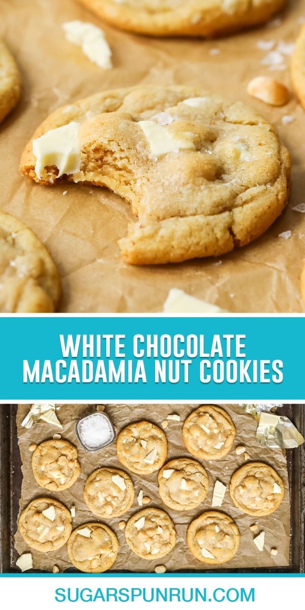 collage of white chocolate macadamia nut cookies, top image of single cookie close up with bite taken out, bottom image of birds eyes view of cookies on baking sheet cooling