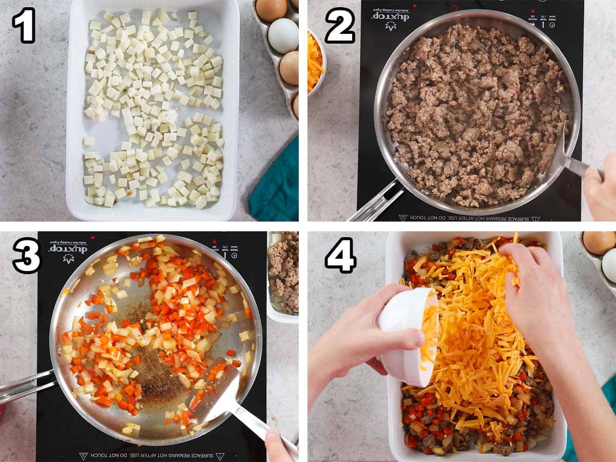 Four photos showing add-ins for a breakfast casserole being prepared.