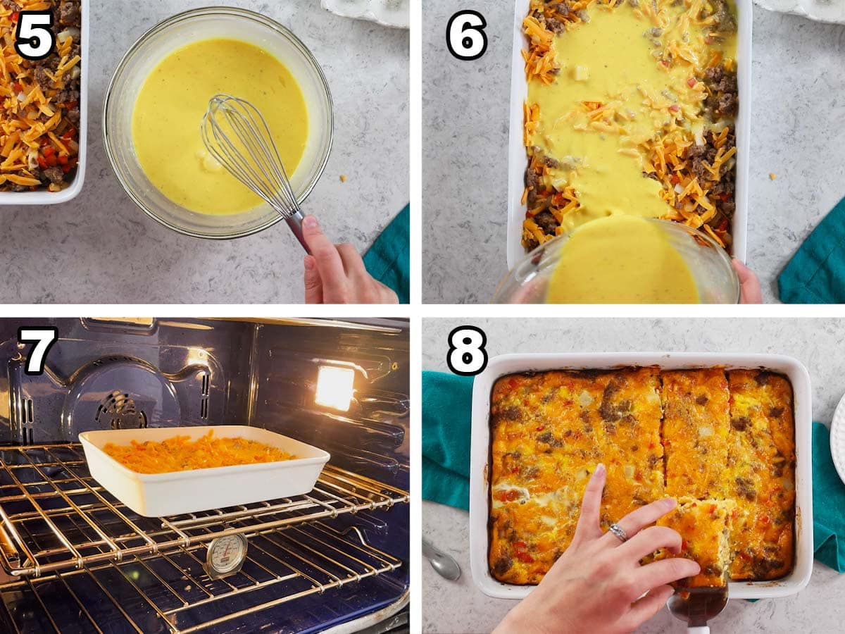 Four photos showing an egg mixture being poured into a casserole dish before baking.