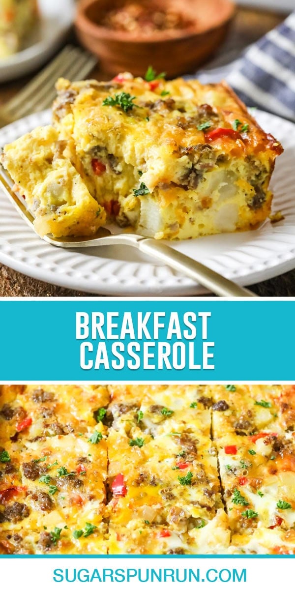 collage of breakfast casserole, top image of single slice with bite taken out, bottom image close up of baked casserole