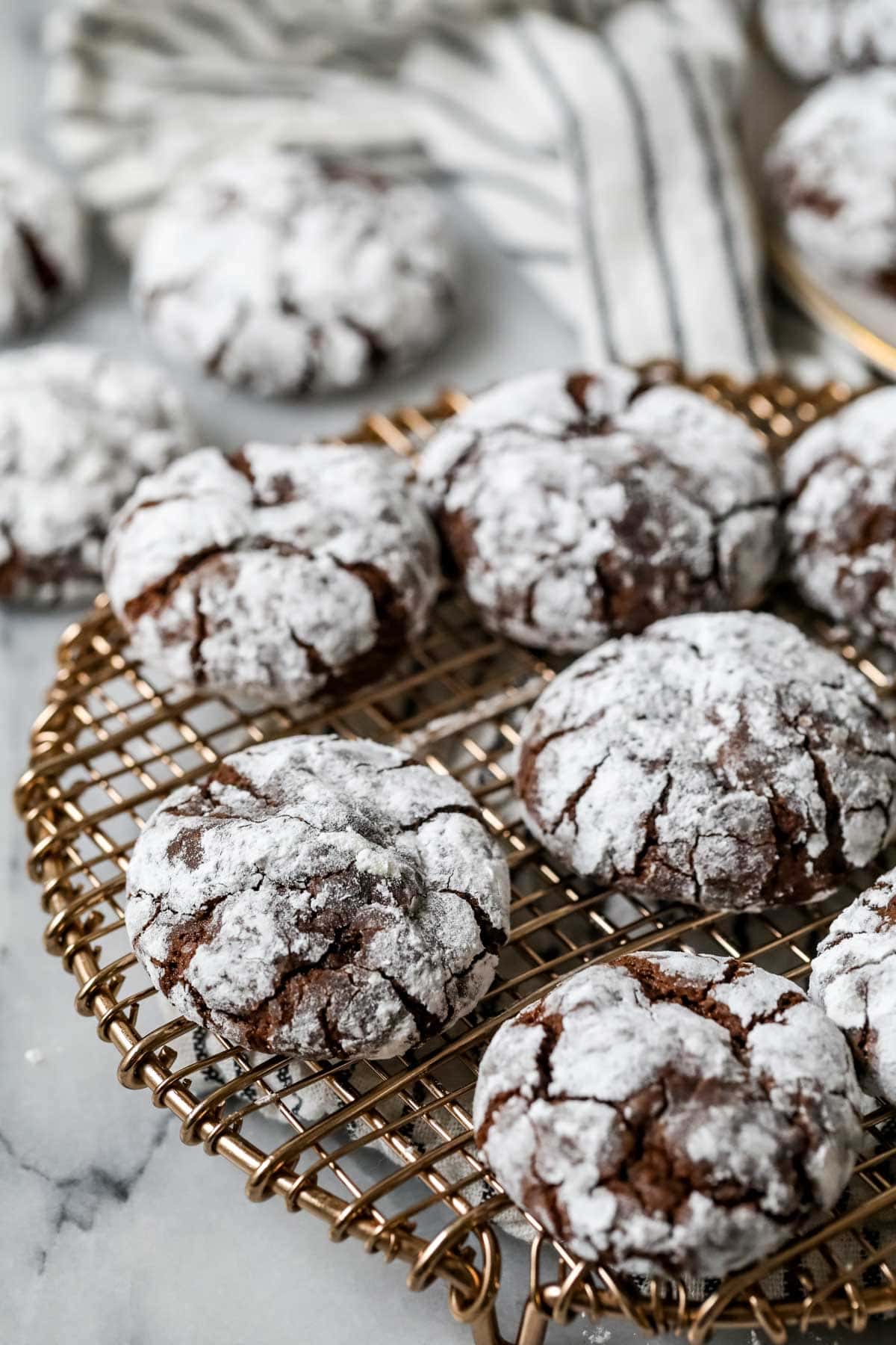 Chocolate cookies with a powdered sugar coating on a cooling rack.