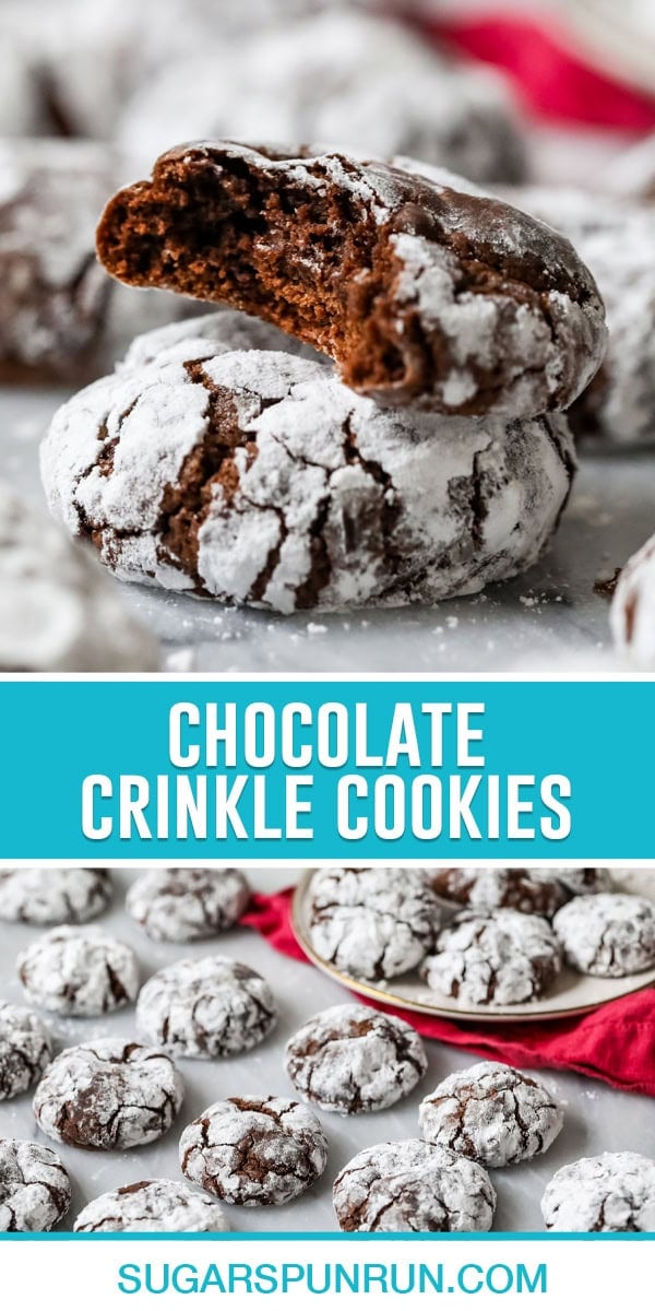 collage of chocolate crinkle cookies, top image of two cookies stacked, bottom image of multiple cookies nicely placed on marble slab