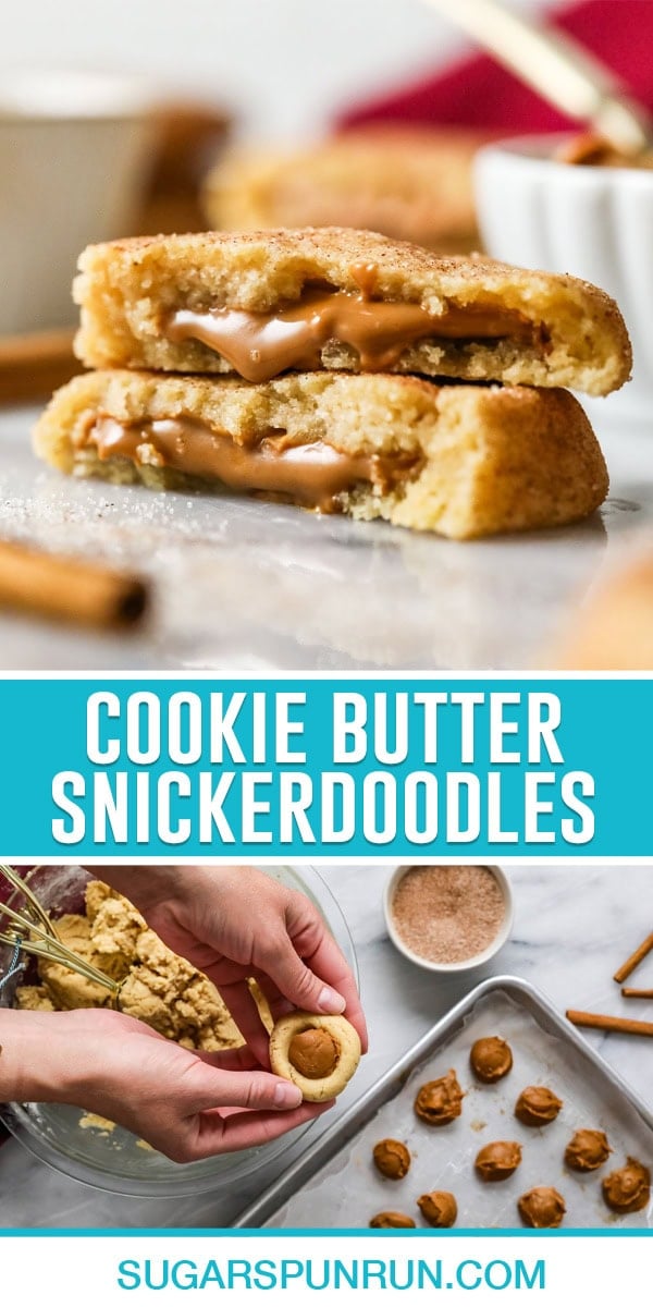 collage of cookie butter snickerdoodles, top image of two cookies stacked and cut open, bottom image of the cookies being made