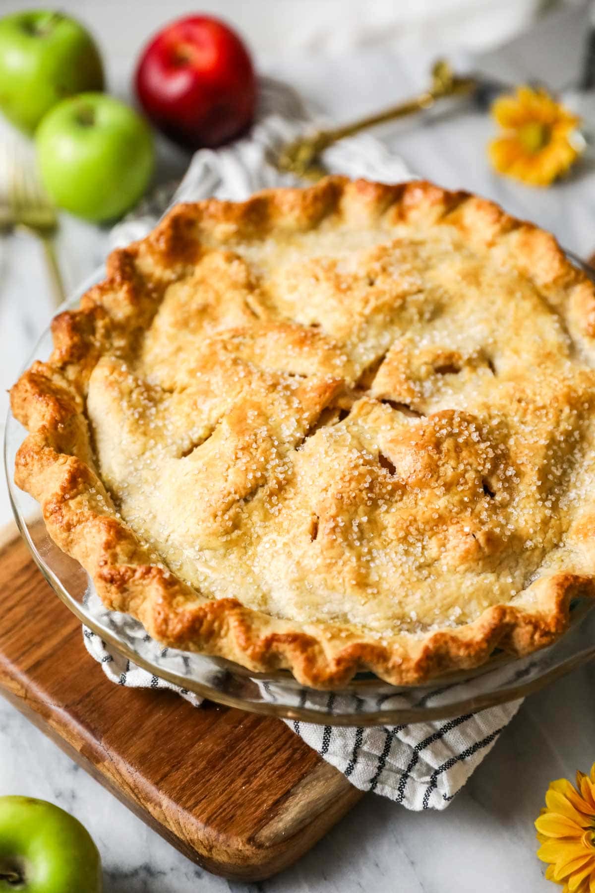 Overhead view of an apple pie made from an easy apple pie recipe.