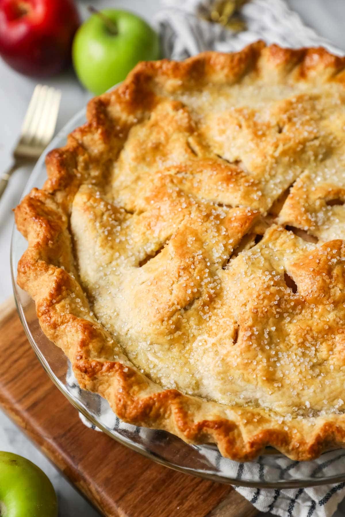 Overhead view of an apple pie made from an easy apple pie recipe.