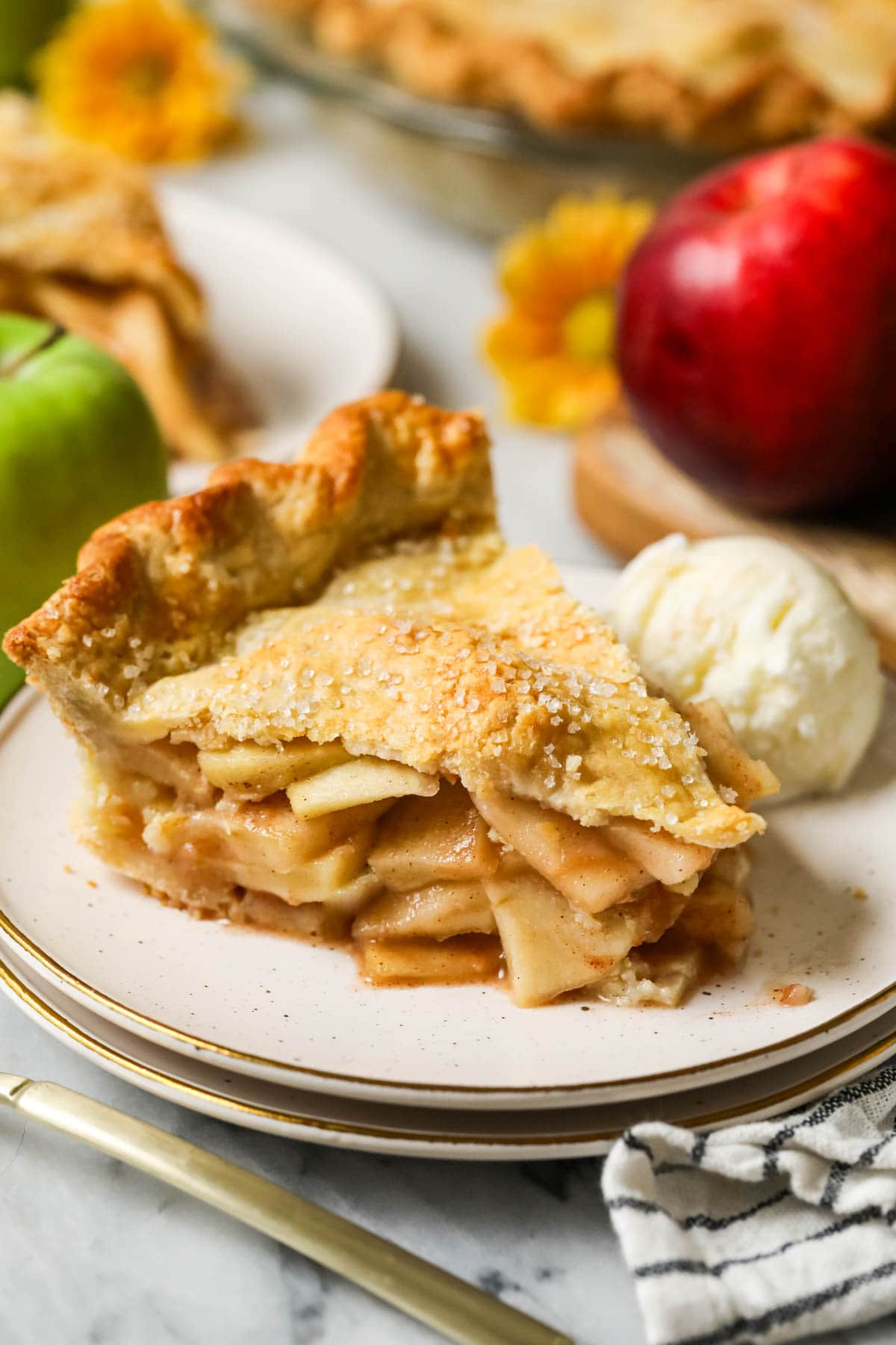 Slice of pie made with apples on a plate with a scoop of ice cream beside it.