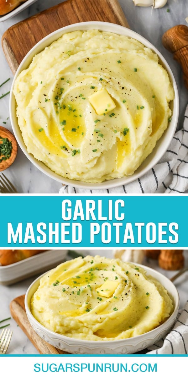 collage of garlic mashed potatoes, top image of potatoes photographed from above, bottom image photographed on the side.