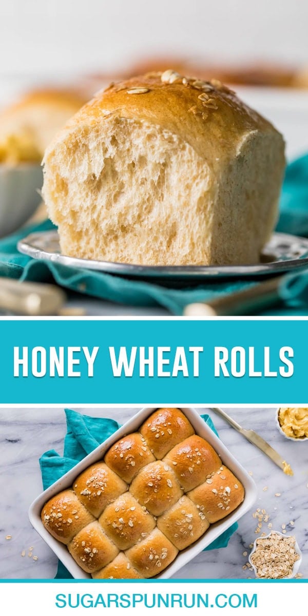 collage of honey wheat rolls, top image of single roll, bottom image of multiple rolls in casserole baked