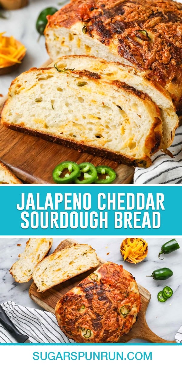 collage of jalapeno cheddar sourdough bread, top image of two slices close up, bottom image of two slices and loaf photographed from above