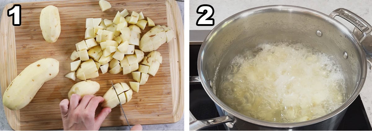 Two photos showing potatoes being cut and boiled.