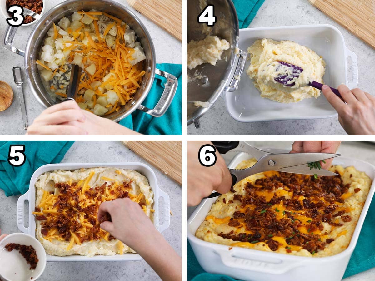 Four photos showing a loaded mashed potato casserole being prepared.