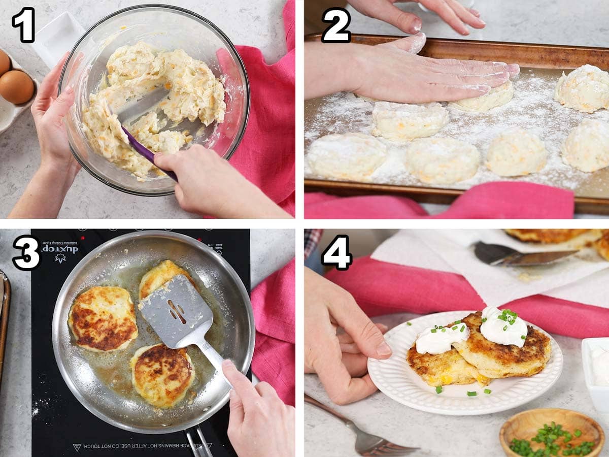 Collage of four photos showing pancakes being made from mashed potatoes. 