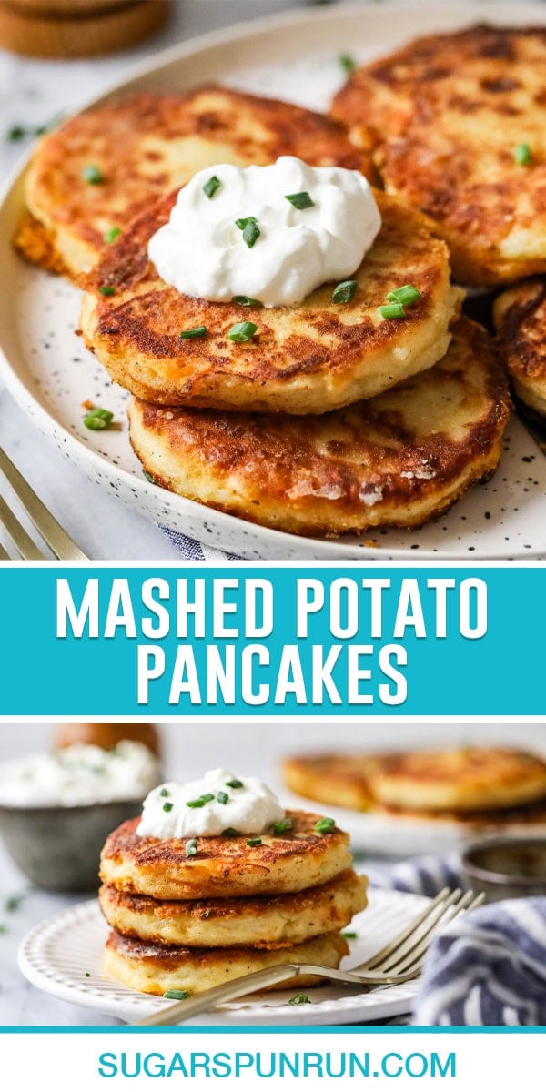 collage of mashed potato pancakes, top image close up of pancakes, bottom image of three pancakes stacked