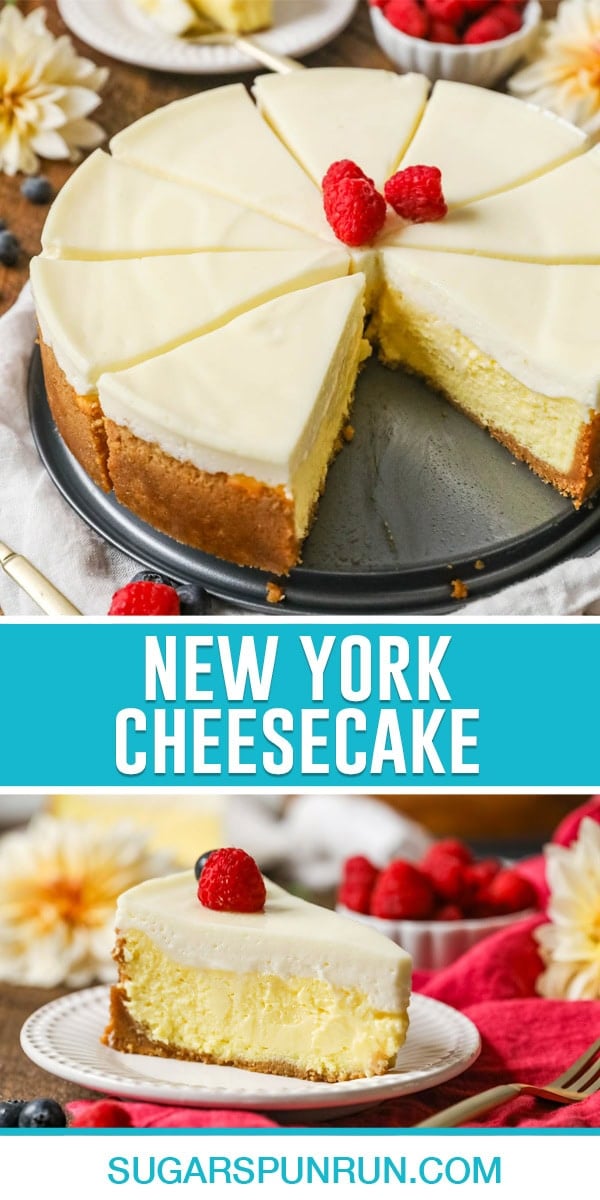 collage of New York Cheesecake, top image of full cake sliced with slice missing, bottom image of single slice on white plate