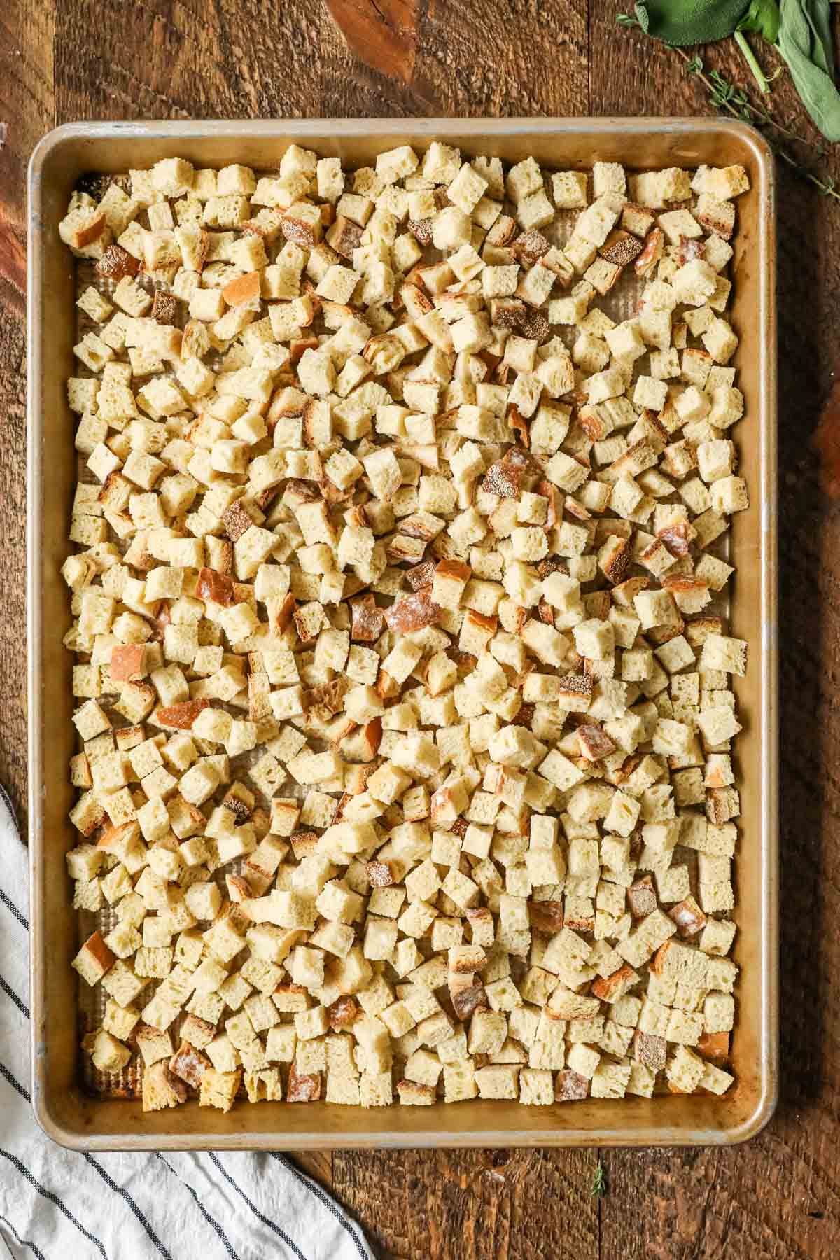 Overhead view of a sheet pan of bread cubes.