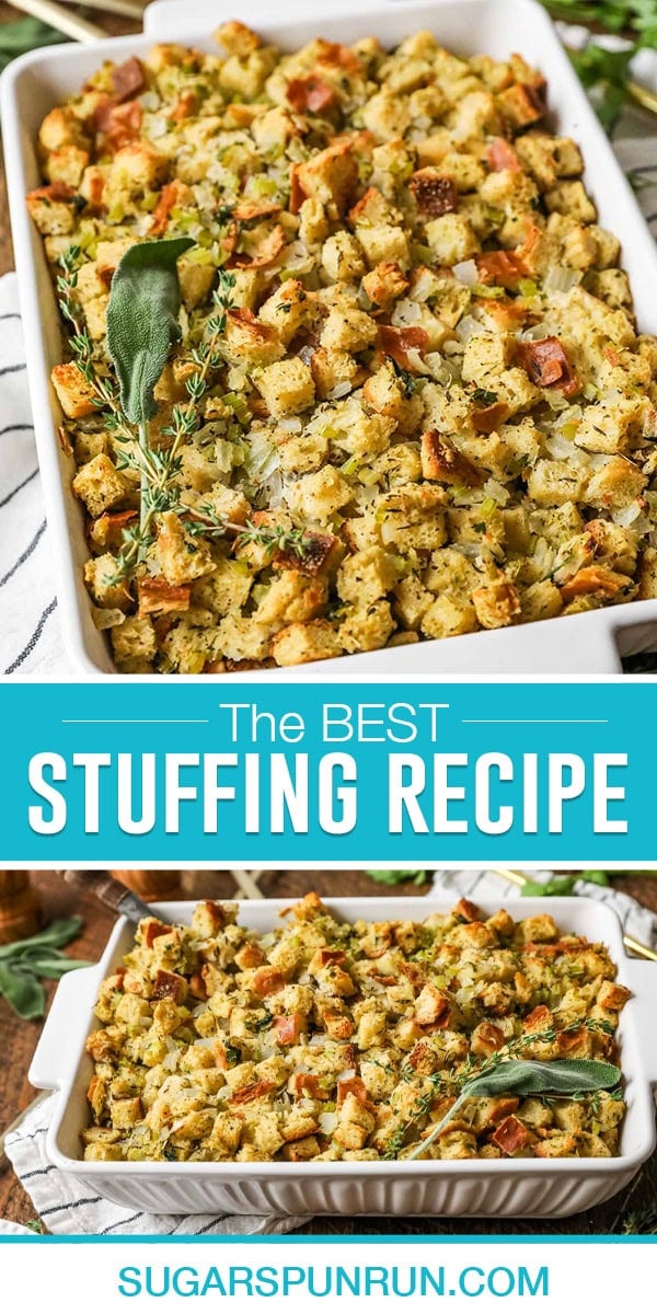 collage of the best stuffing, top image photographed above close up, bottom image of full casserole