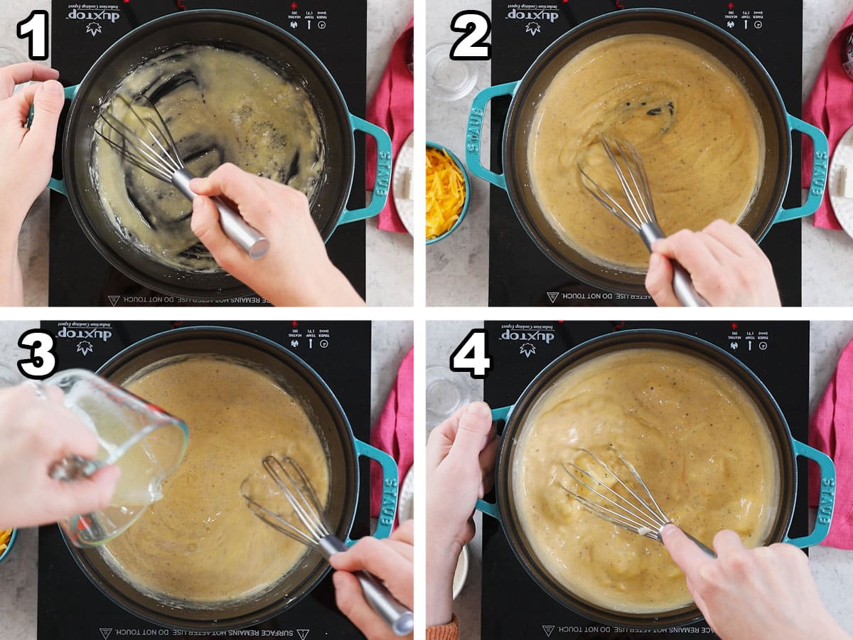 Collage of four photos showing a beer cheese dip being prepared.