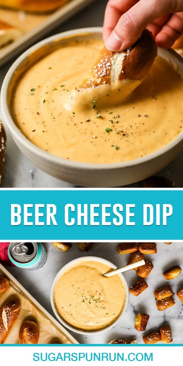 collage of beer cheese soup, top image of bowl of cheese with soft pretzel being dipped in, bottom image bowl of cheese dip, beer and pretzels photographed from above.