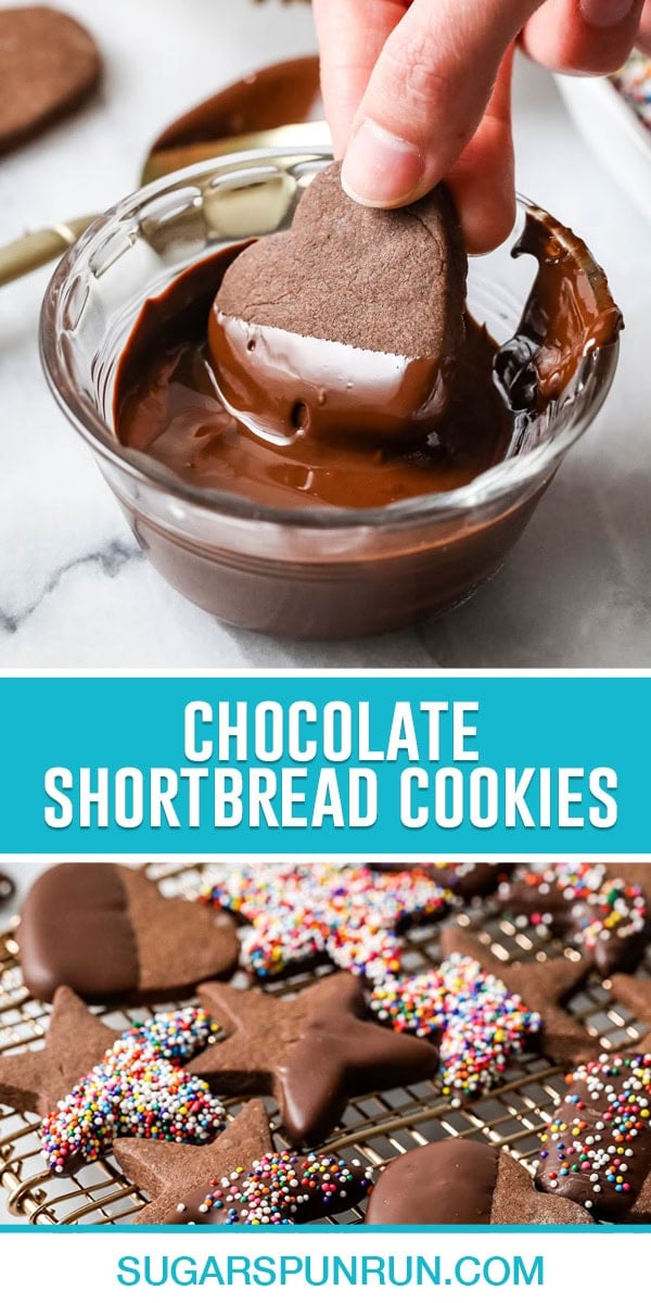 collage of chocolate shortbread cookies, top image of single heart shaped cookie being dipped in chocolate, bottom image of multiple cookies on cooling rack