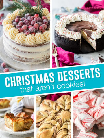 Christmas Desserts Collage that includes gingerbread cake, peppermint cheesecake, bread pudding, star bread and peppermint marshmallows