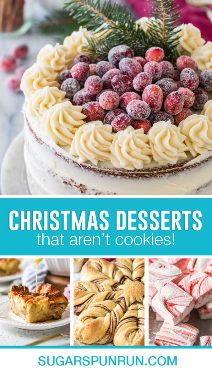 Christmas Desserts Collage that includes gingerbread cake, bread pudding, star bread and peppermint marshmallows