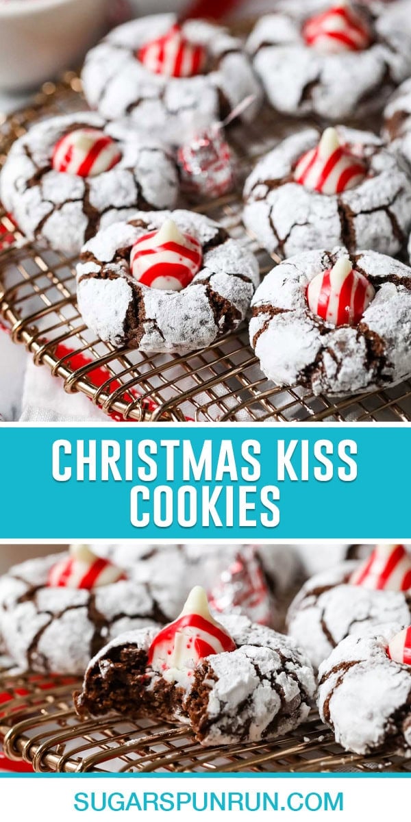 christmas kiss cookies, top image of a close up of multiple cookies on wire rack, bottom image of single cookie with bite taken out