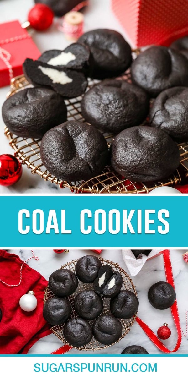 collage of coal cookies, top image of multiple image on gold wire rack, bottom image same cookies photographed from above