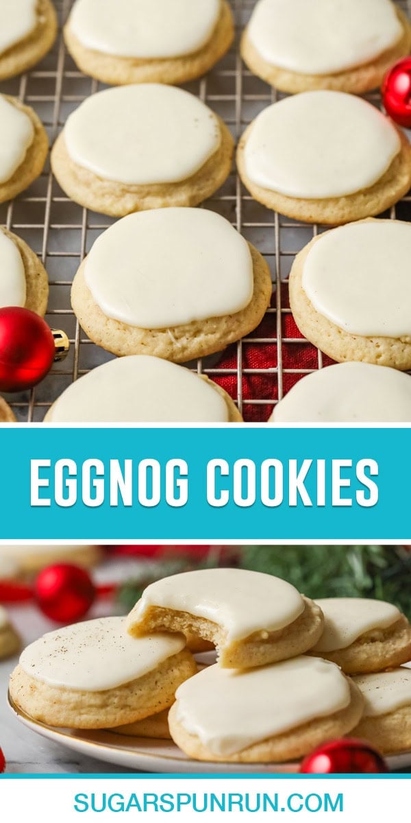 collage of eggnog cookies, top image of mutliple cookies cooling on rack photographed close up, bottom image of multiple cookies on white plate nicely placed, one cookie with bite taken out