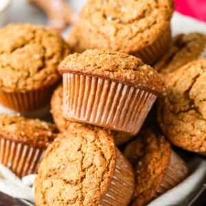 Pile of gingerbread muffins in a bowl.