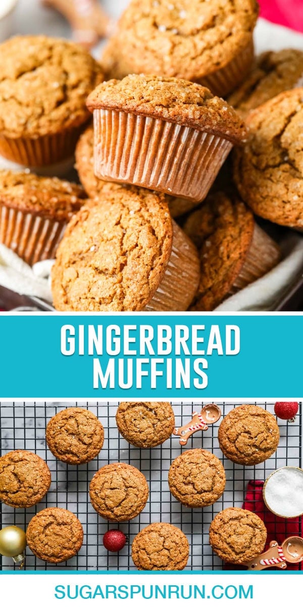 collage of gingerbread muffins, top image of muffins close ip in basket, bottom image of muffins cooling on wire rack photographed from above