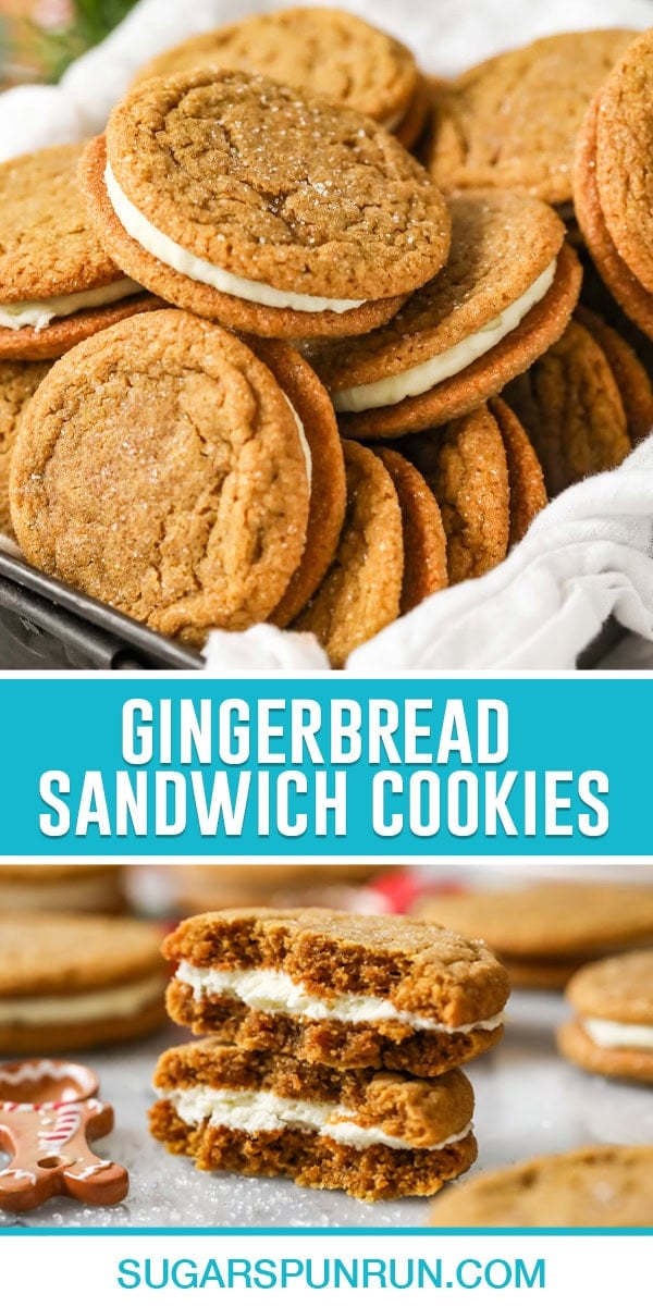 collage of gingerbread sandwich cookies, top image of multiple cookies in basket, bottom image of two cookies stacked