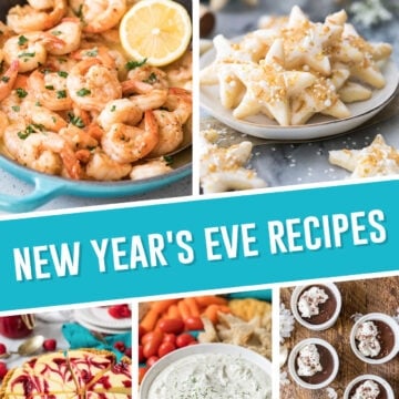 New Years Eve Recipe Collage. Multiple Images of appetizers and dessert perfect for NYE.